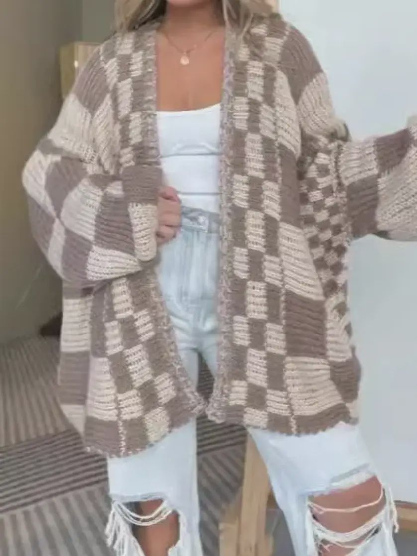 Checkered Knit Cardigan, Colour: Khaki, Size: Small