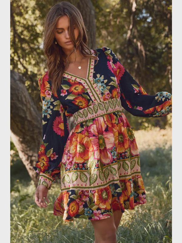 Floral Border Smocked Mini Dress