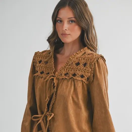 Caramel Suede-Look Tie Front Top, Size: Small