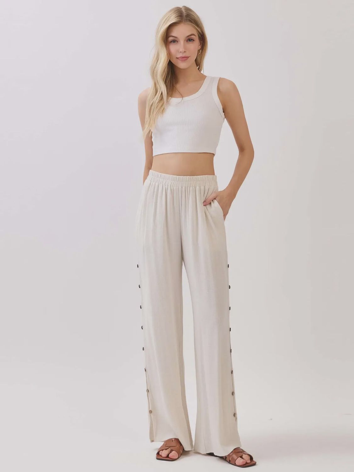 Wide Leg Button-Detail Pants, Colour: Oatmeal, Size: Small