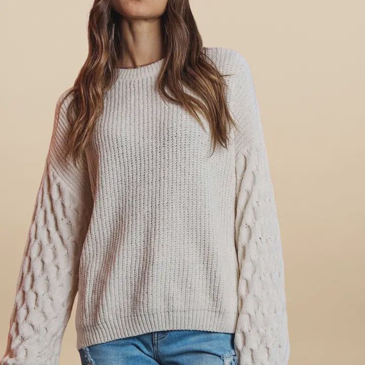 Ultra-Soft Ivory Round Neck Long Sleeve Sweater, Size: Small