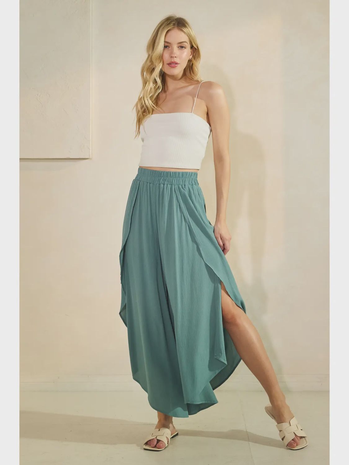 Side-Slit Wide Leg Flowy Pants, Colour: Sage Green, Size: Small