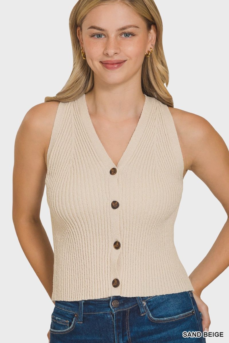 Button Down Ribbed Sweater Vest, Colour: Beige, Size: Small