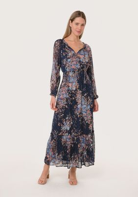 Navy &amp; Dusty Blue Lurex Floral Smocked Maxi Dress