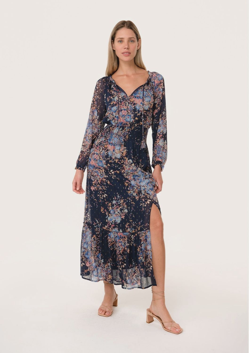 Navy &amp; Dusty Blue Lurex Floral Smocked Maxi Dress, Size: Small