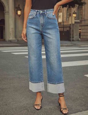Rolled Hem Straight Leg Denim