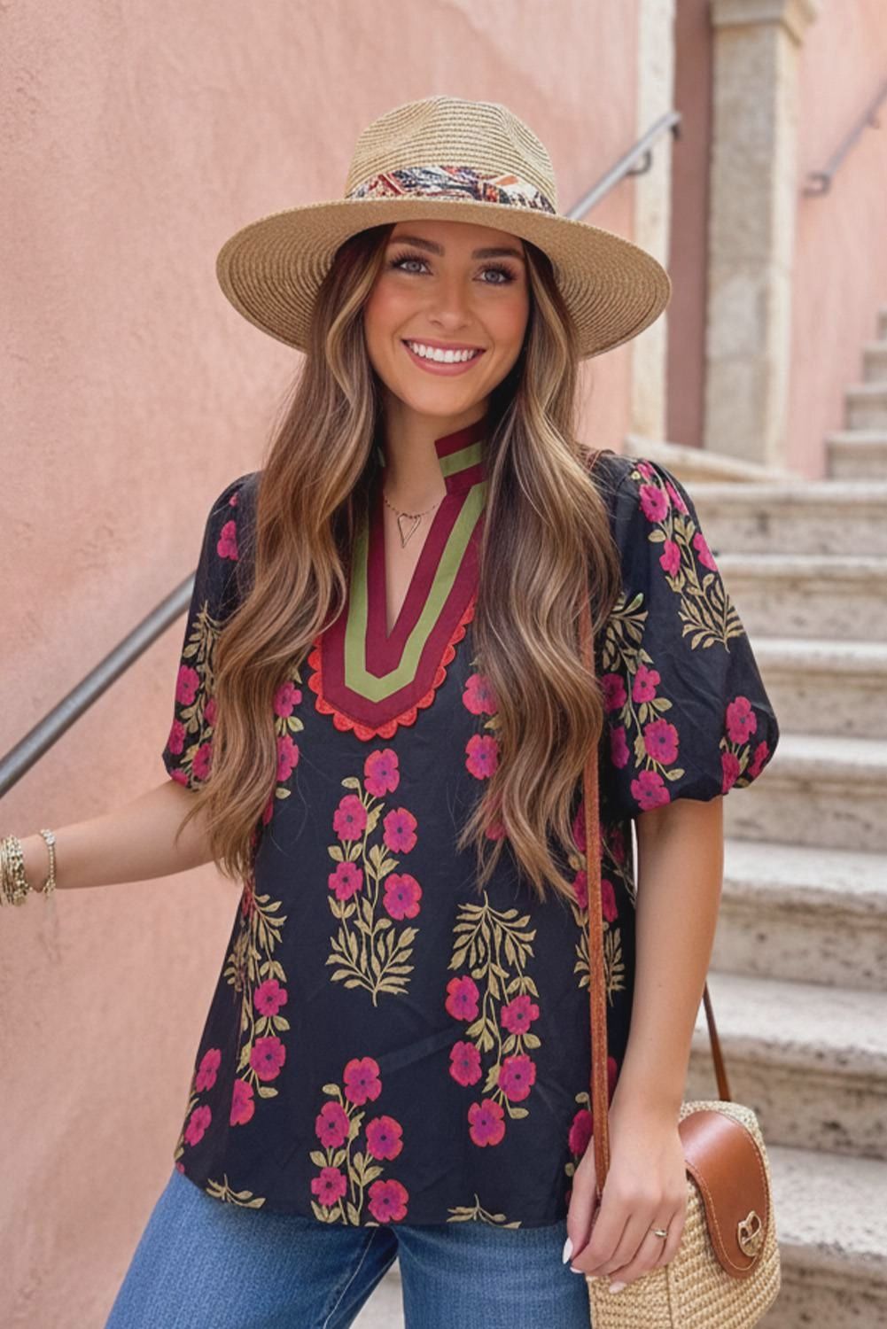 Floral Contrast V-Neck Bubble Sleeve Blouse, Size: Small