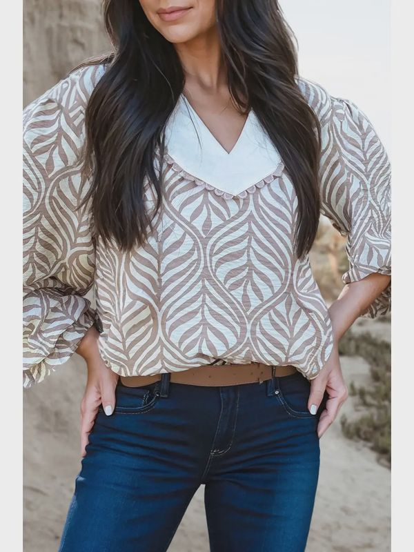 Leafy Abstracr V-Neck Bubble Sleeve Blouse
