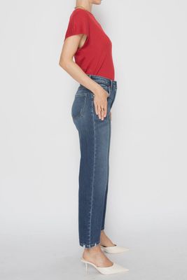 High-Rise Dark Wash Straight Jeans with Frayed Hem