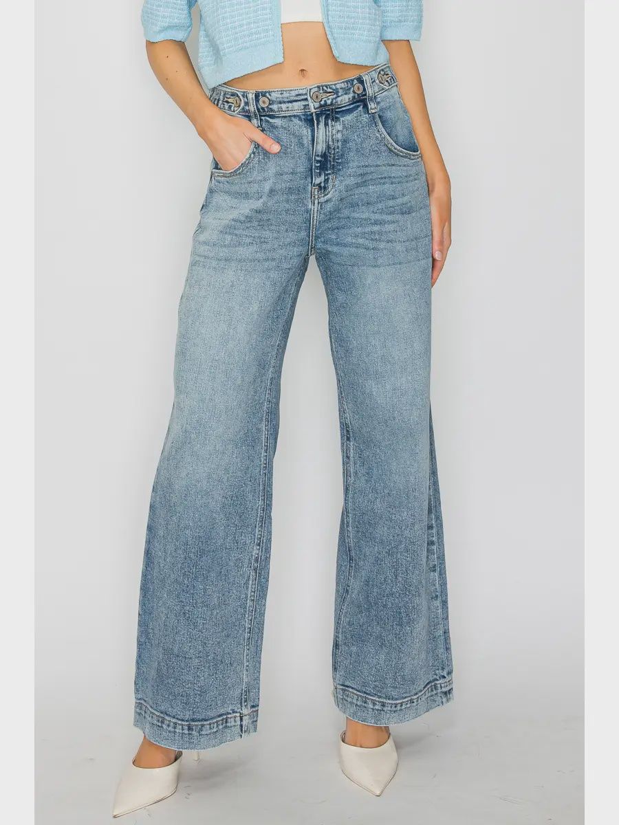 High-Rise Acid Wash Baggy Wide-Leg Jeans, Size: 1