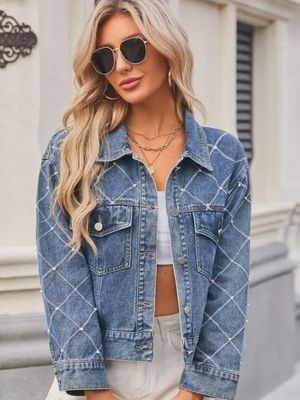 Denim Jacket with Pearl Accents &amp; Stitched Detail