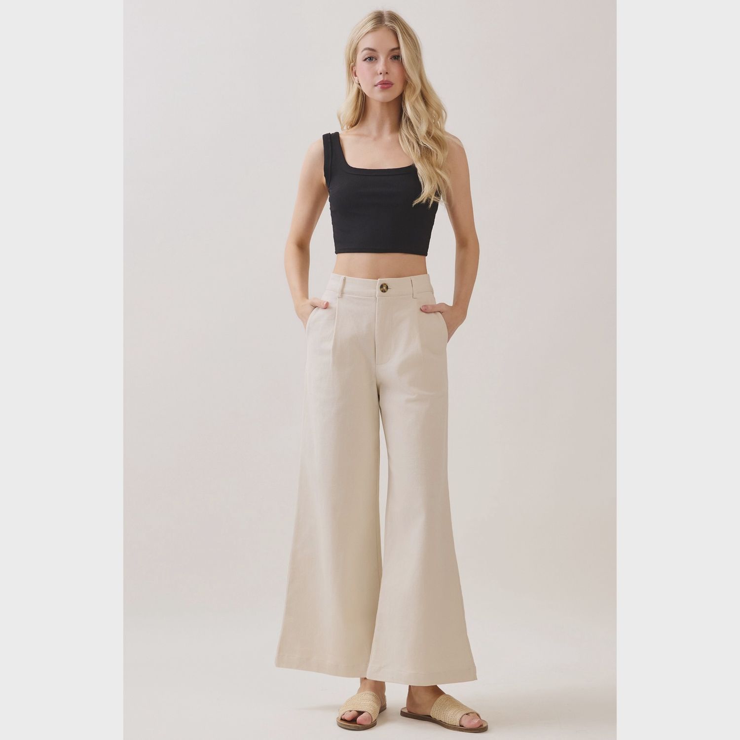 Wide-Leg Cotton Trousers, Colour: Ecru, Size: Small