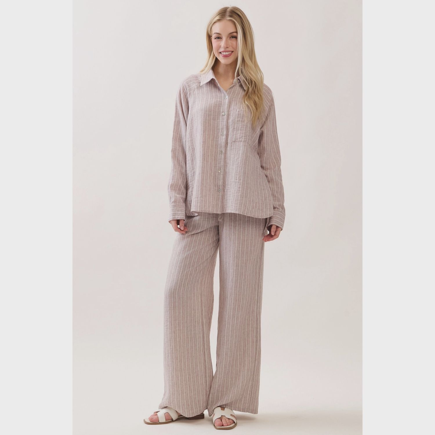 Striped Tie Detail Wide-Leg Pants, Colour: Lt Mocha, Size: Small