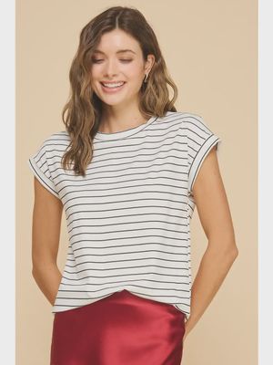 Rib-Striped Crewneck with Cuffed Sleeves