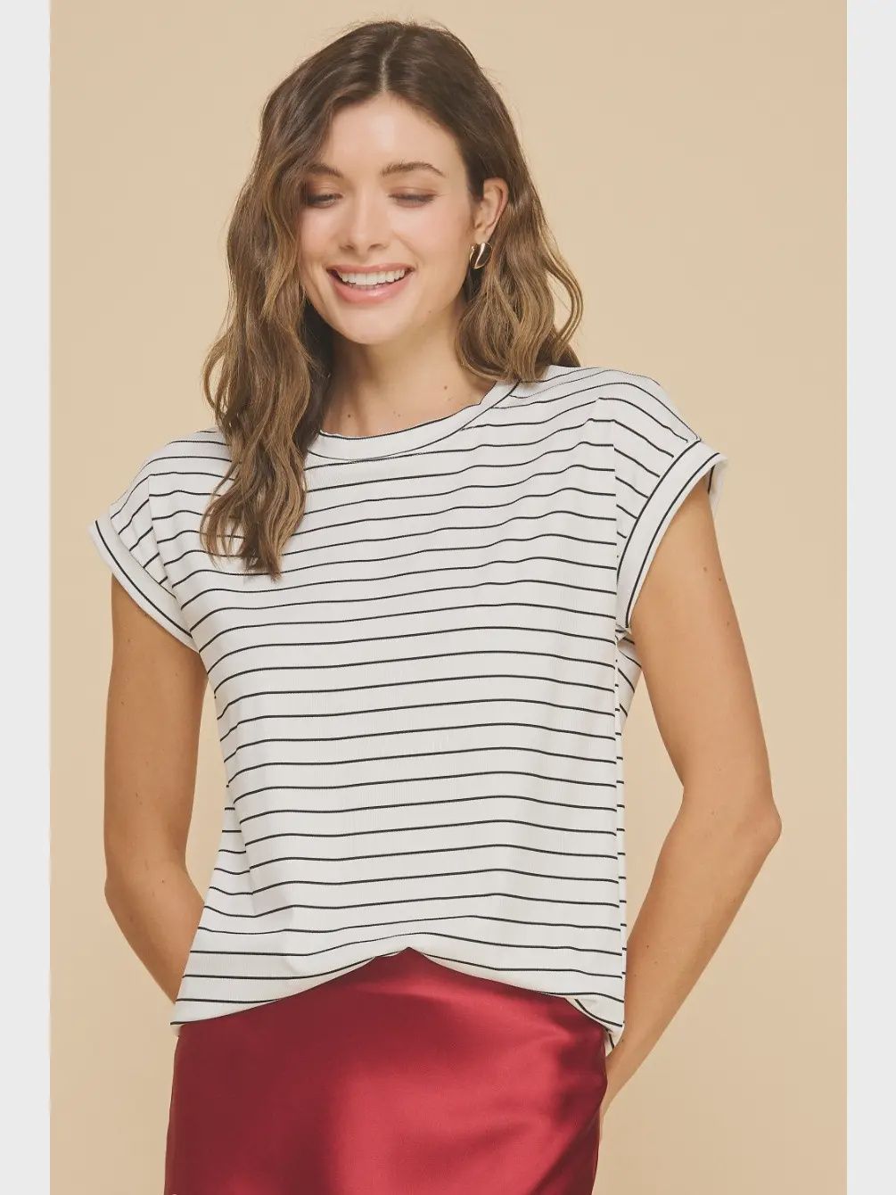 Rib-Striped Crewneck with Cuffed Sleeves, Colour: White Striped, Size: Small