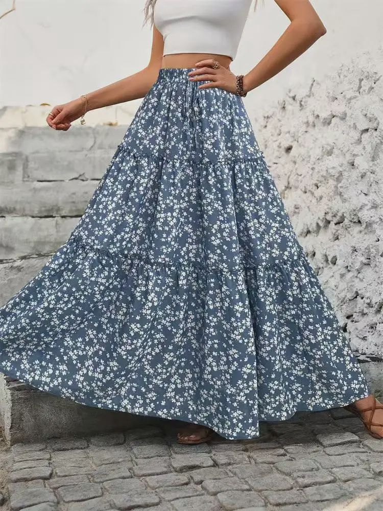 Blue Floral Tiered Maxi Skirt, Size: Small