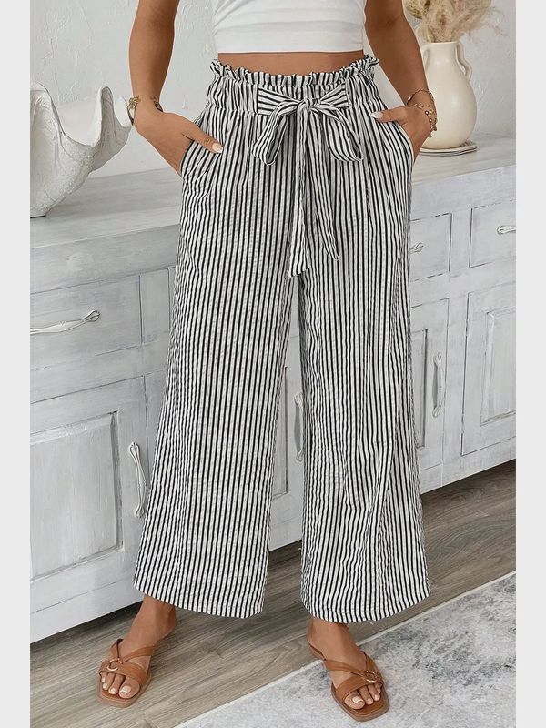 Black &amp; White Striped Tie-Front Pants