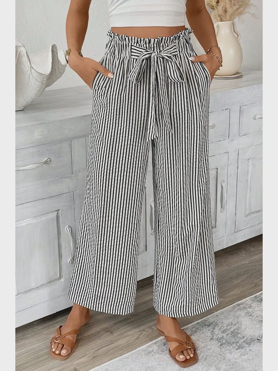 Black &amp; White Striped Tie-Front Pants, Size: Small