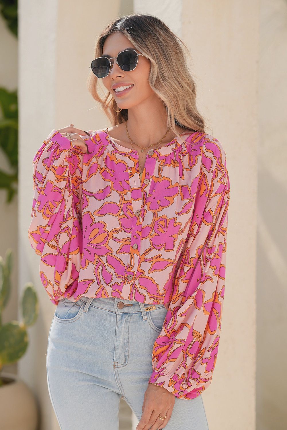 Floral Batwing Sleeve Blouse, Colour: Pink, Size: Small