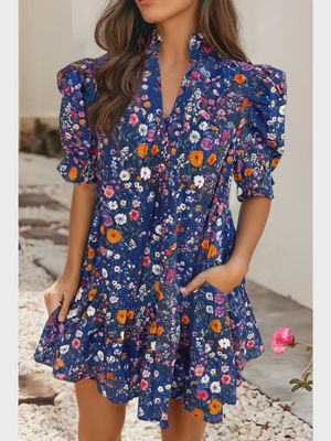 Navy Blue Daisy Floral Mini Dress