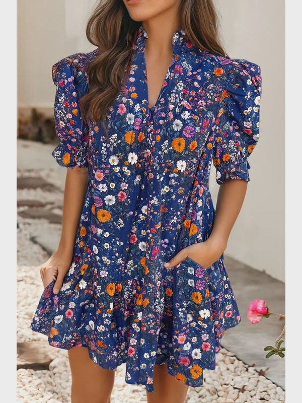 Navy Blue Daisy Floral Mini Dress