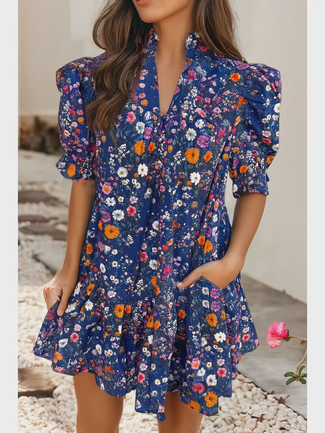 Navy Blue Daisy Floral Mini Dress, Size: Small