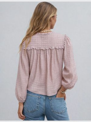 Blush Lace Trim V-Neck Jacquard Top