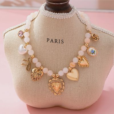 White Beaded Porcelain Heart Charm Necklace