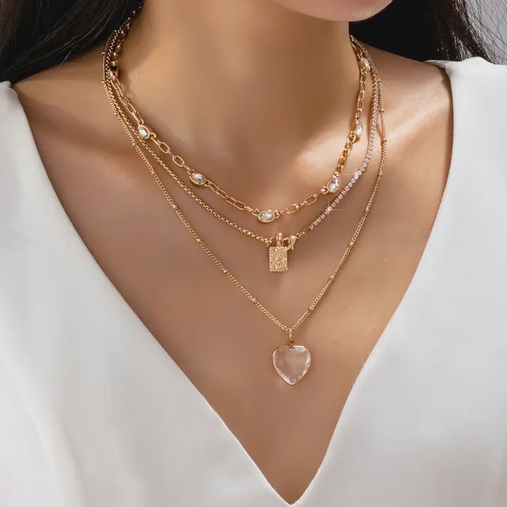 Layered Rhinestone Heart Necklace
