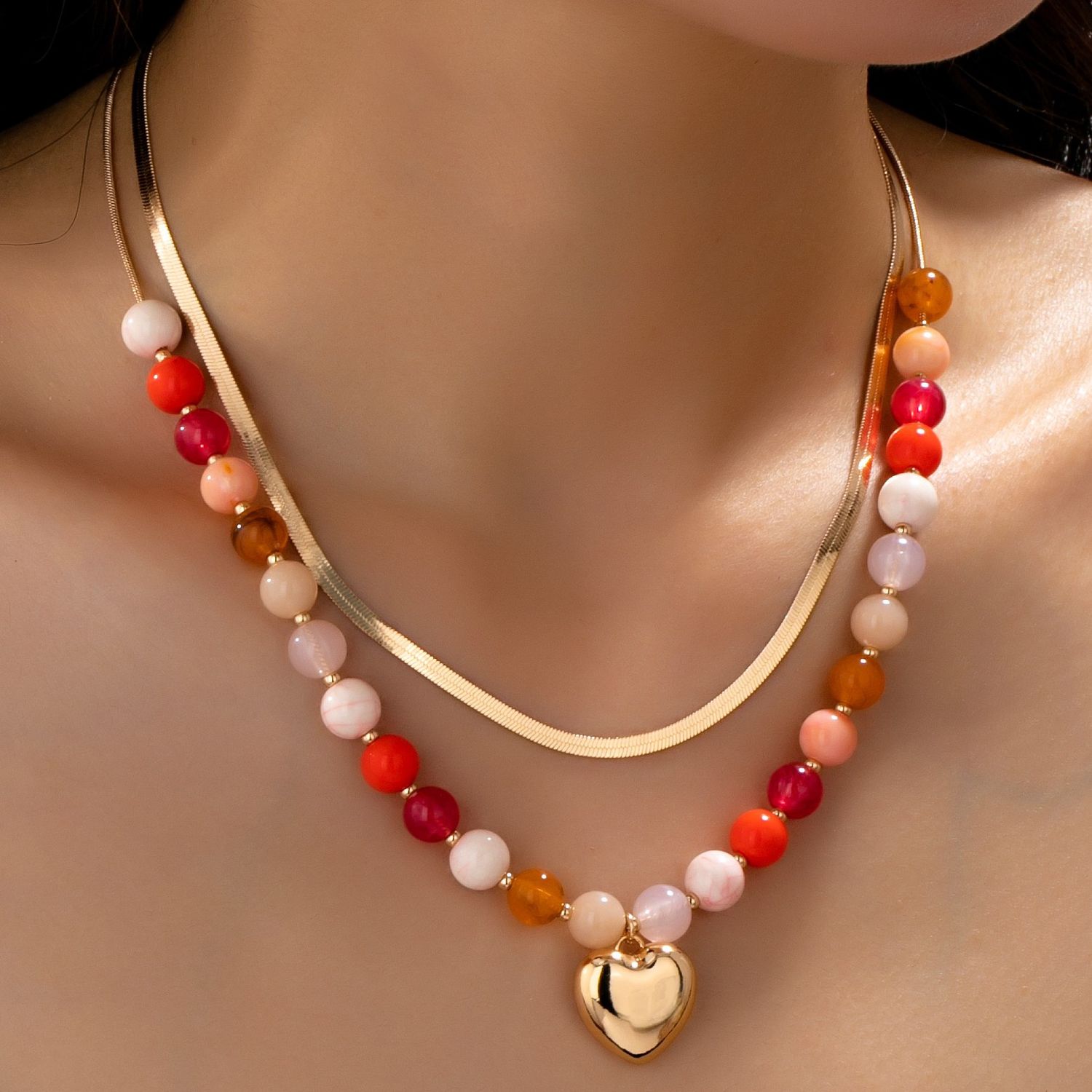 Beaded Heart Charm Layered Necklace