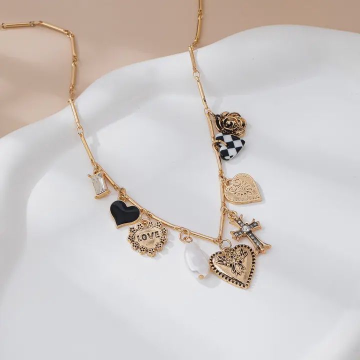 Heart Checker Cross Charm Necklace