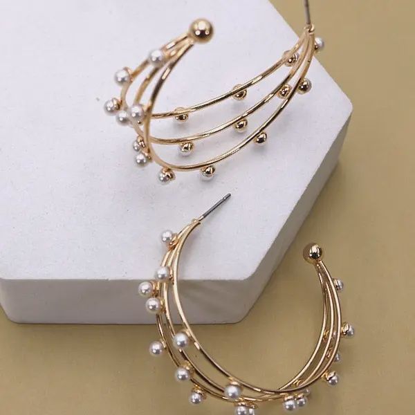 Triple Row Pearl Hoop Earrings