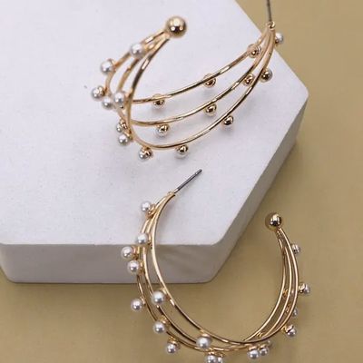 Triple Row Pearl Hoop Earrings