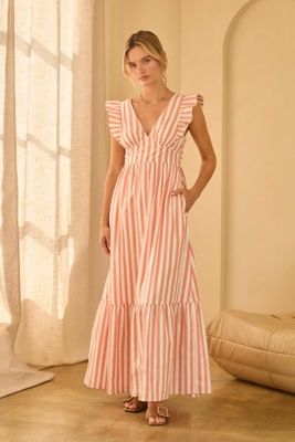 Sleeveless Stripe Tie Back Ruffled Maxi Dress