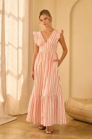 Sleeveless Stripe Tie Back Ruffled Maxi Dress, Size: XSmall