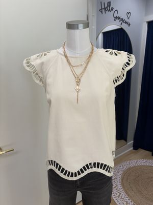 Embroidered Cut-out Cap Sleeve Top
