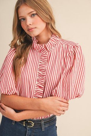 Striped Ruffled Button Down Top, Colour: Berry Red, Size: Small