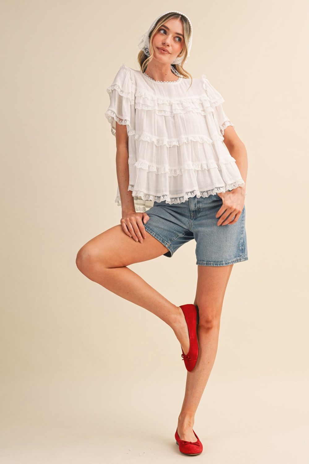 Tiered Ruffle Lace Trim Swing Top, Colour: Off White, Size: Small