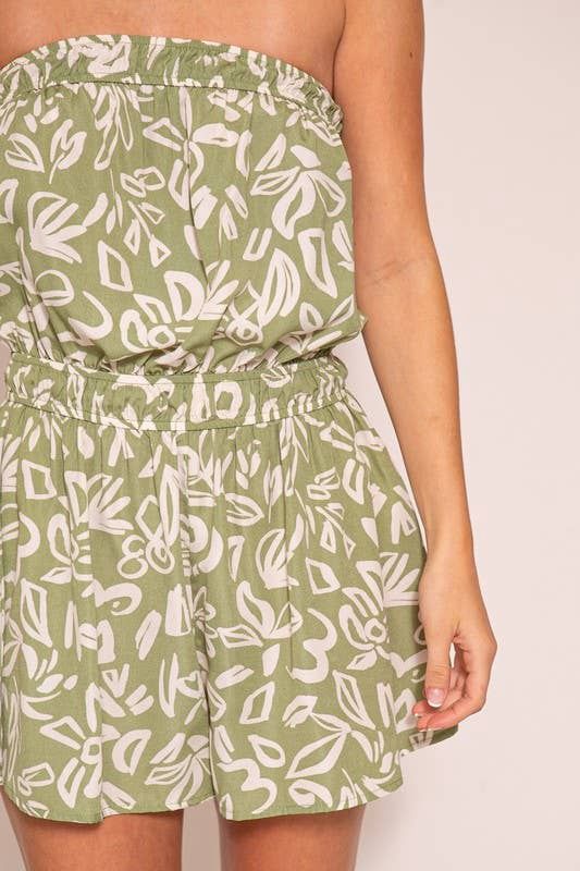 Earthy Print Elastic Waist Romper, Color: Sage/Ivory, Size: L