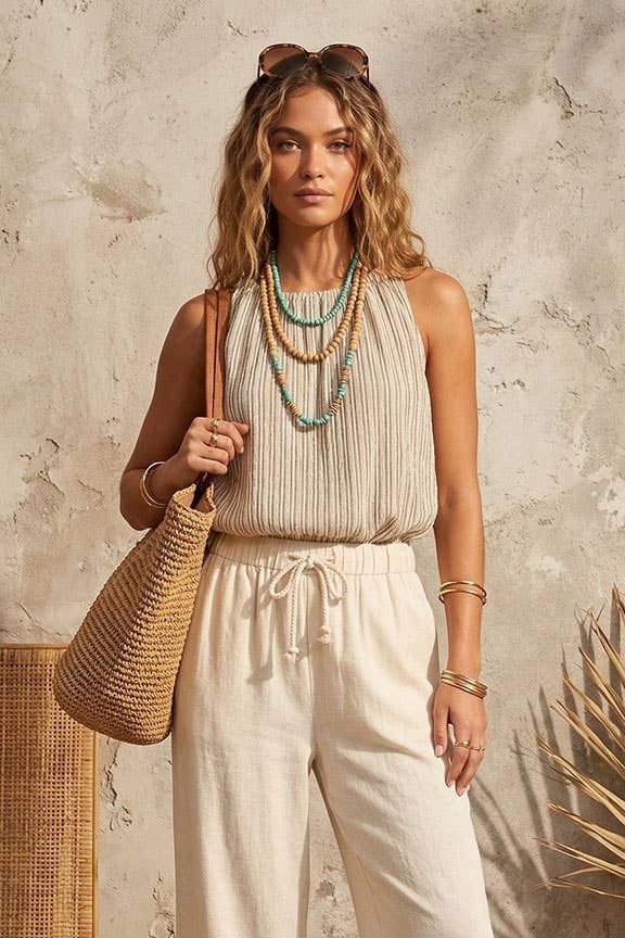 Striped Sleeveless Top, Color: Khaki Combo, Size: Small