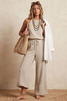 Striped Drawstring Wide Leg Pants