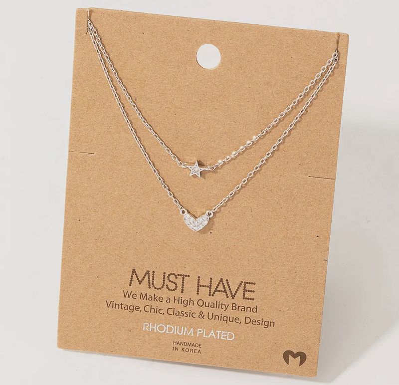 Layered Chain Pave Heart Star Necklace