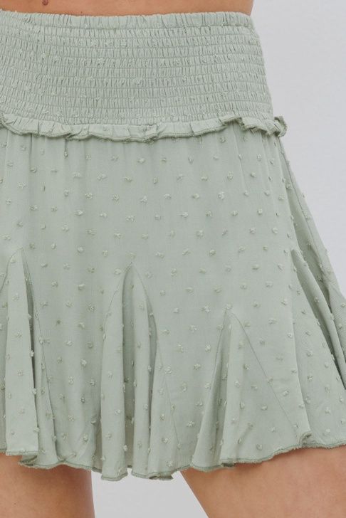 Swiss Dot Smocked Waist Ruffle Slice Ruffle Mini Skirt
