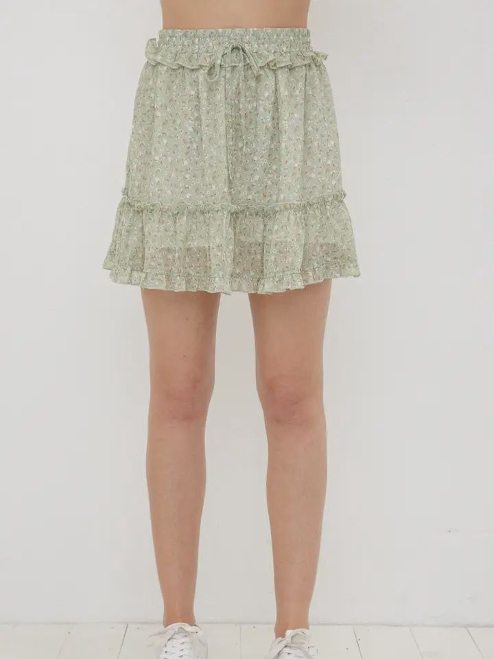 Ditsy Yoryu Chiffon Ruffle Edge Detail Elastic Waist