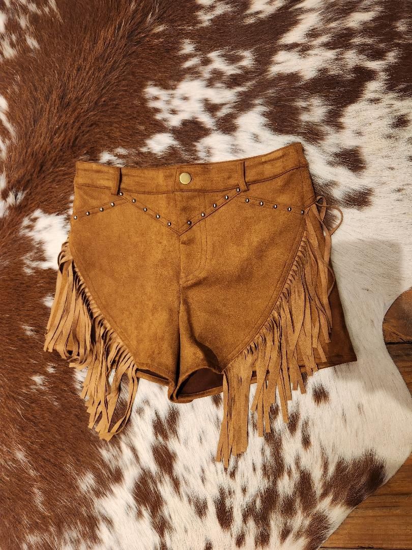 Suede Chevron Stud Fringe Shorts