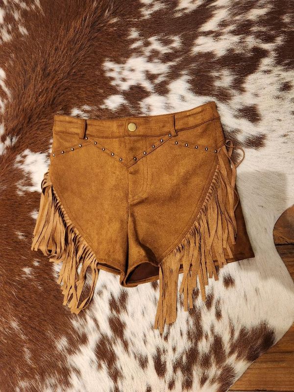 Suede Chevron Stud Fringe Shorts