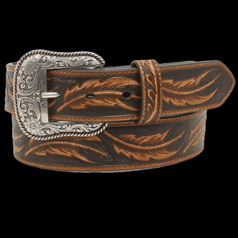 Men&#39;s Leather Feather With Tooled Sliver Buckle Western Belt