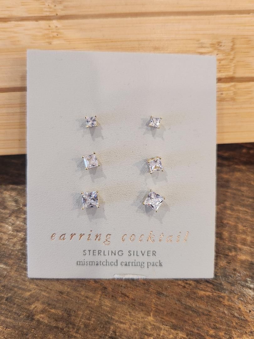 Sterling Silver Square Rhinestone Stud Earring Set