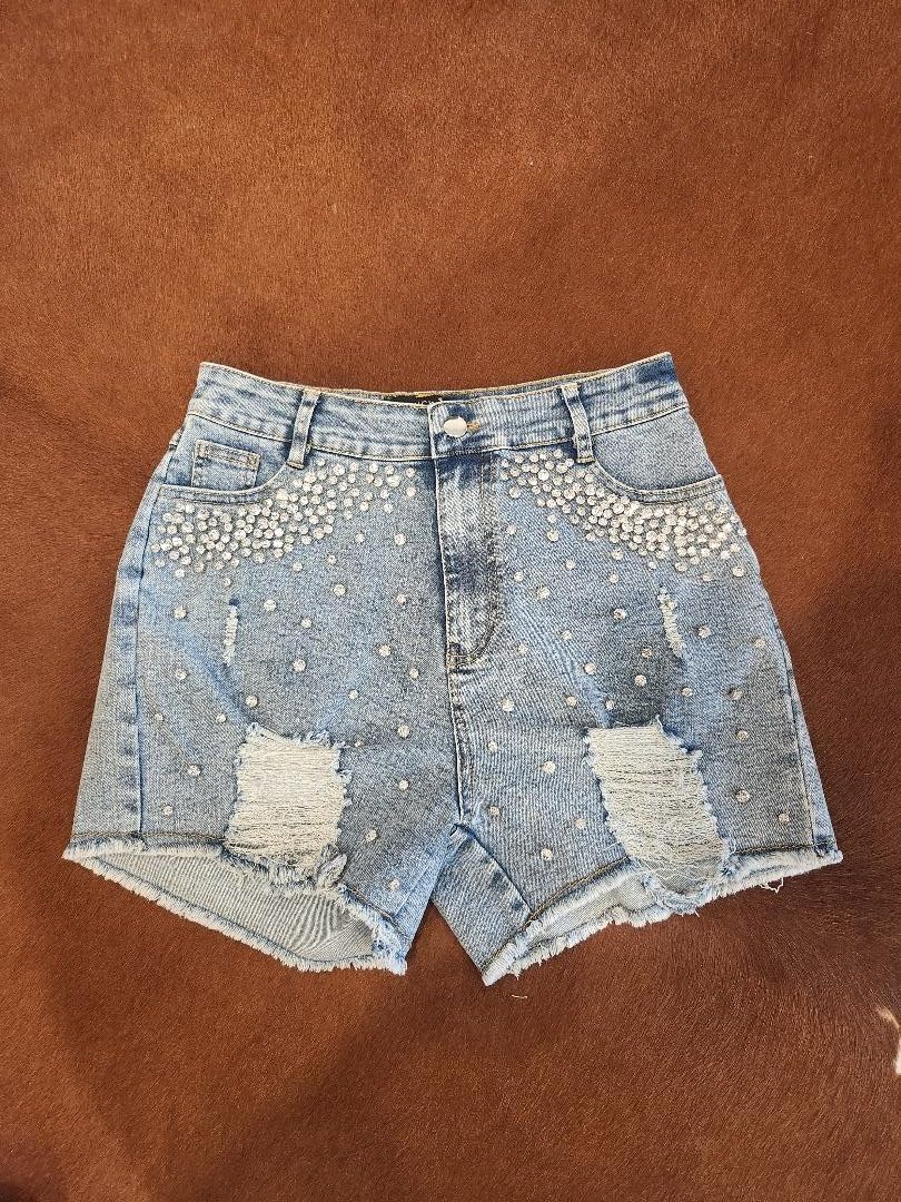 Denim High Rise Tummy Control Rhinestone Distressed Shorts