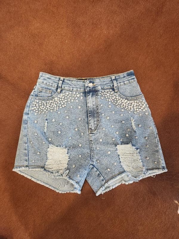 Denim High Rise Tummy Control Rhinestone Distressed Shorts